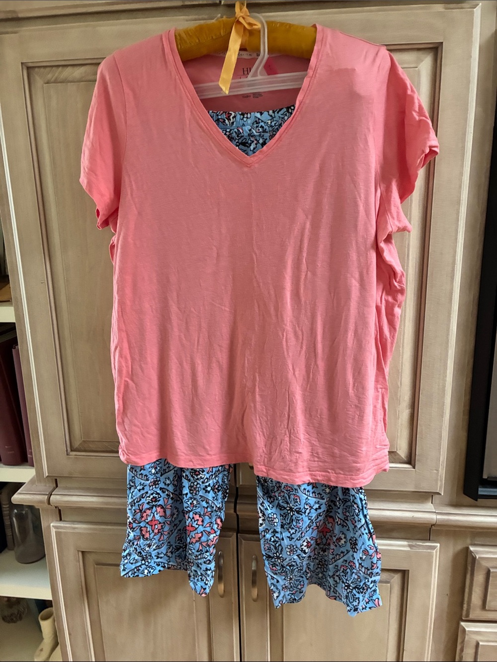 HUE Pink V-Neck Top with Blue Floral Shorts Pajama Set